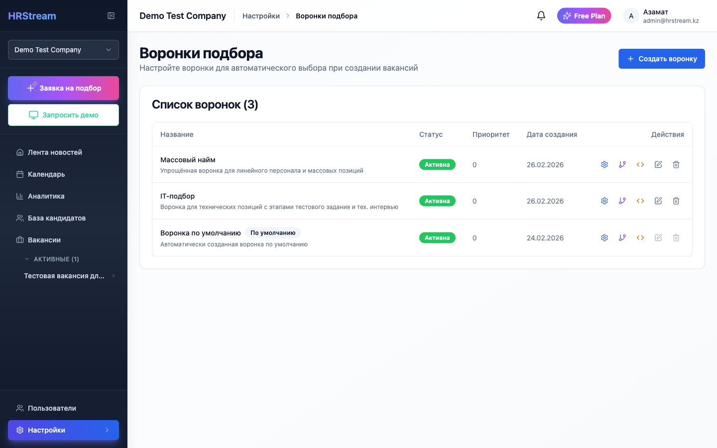 Список воронок подбора в HRStream — IT-подбор, массовый найм, воронка по умолчанию